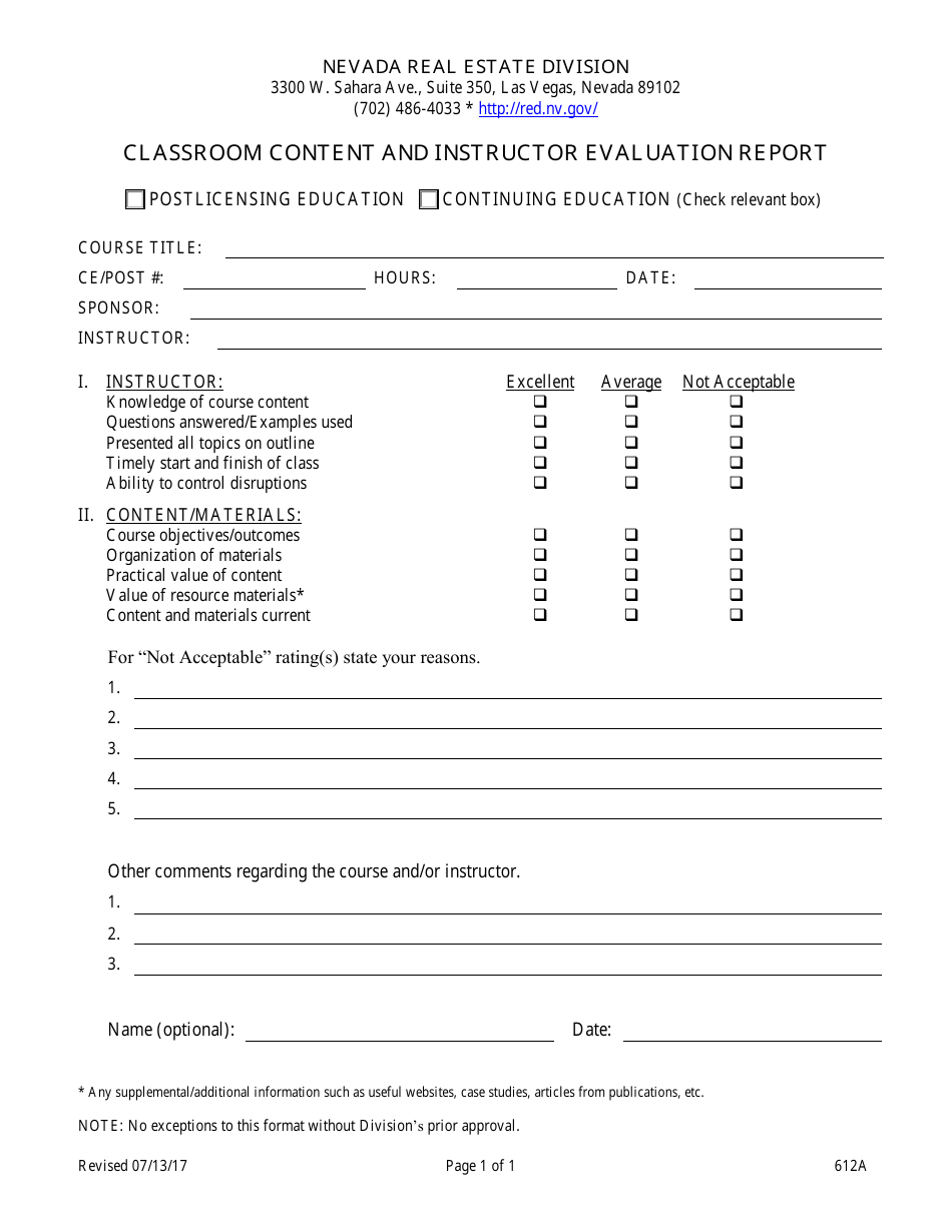 Form 612A Classroom Content and Instructor Evaluation Report - Nevada, Page 1
