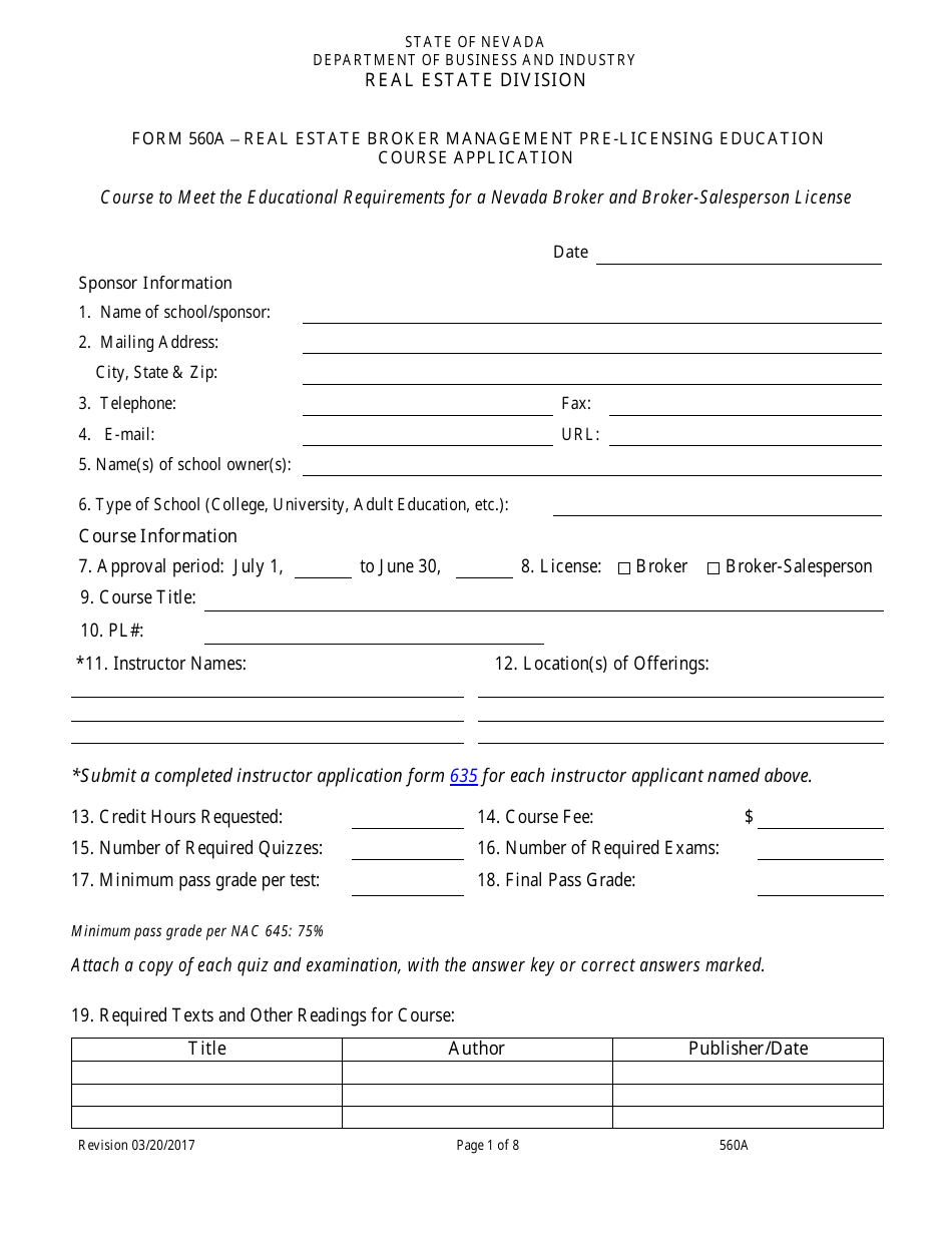 Form 560A Real Estate Broker Management Pre-licensing Education Course Application - Nevada, Page 1