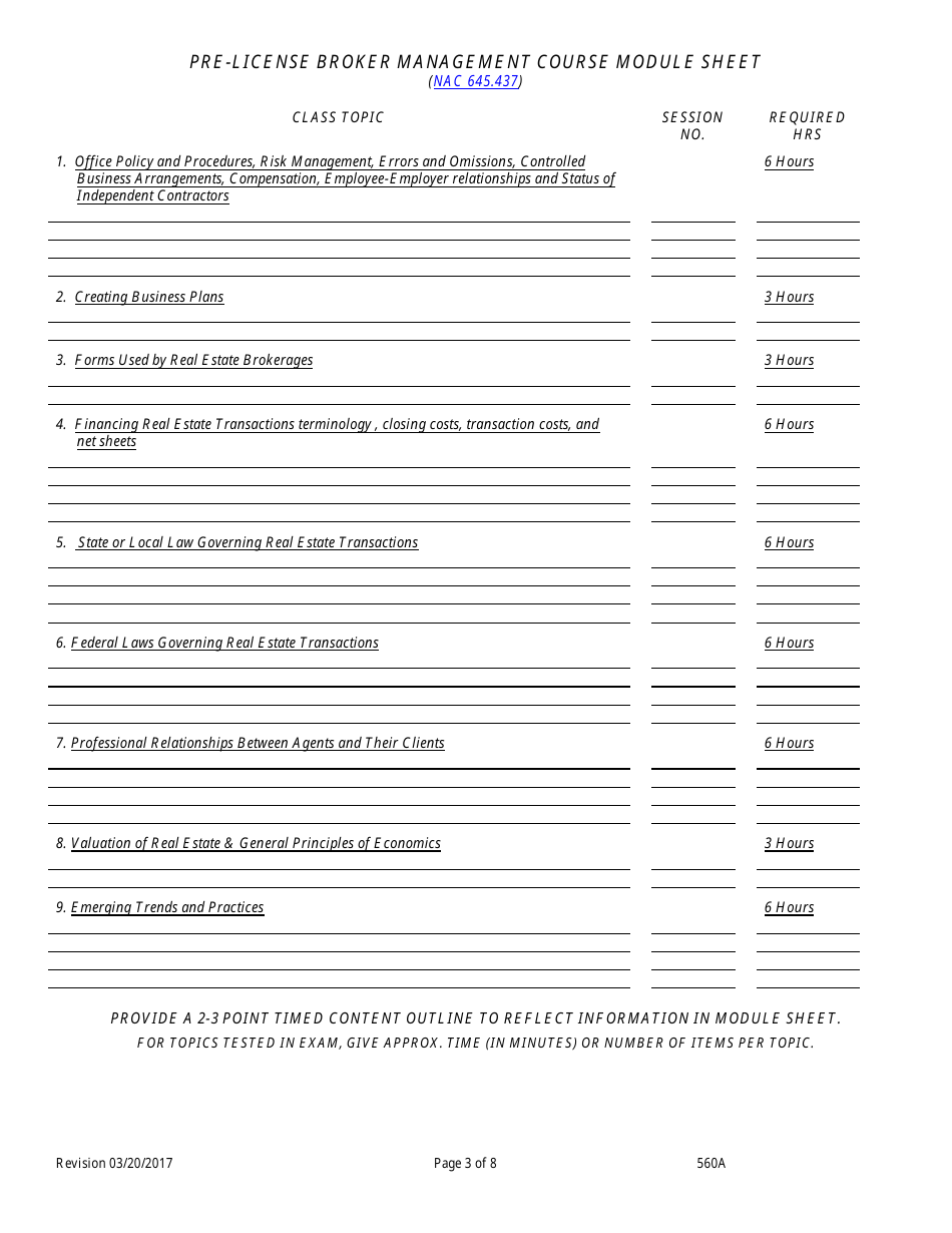 Form 560A Real Estate Broker Management Pre-licensing Education Course Application - Nevada, Page 3