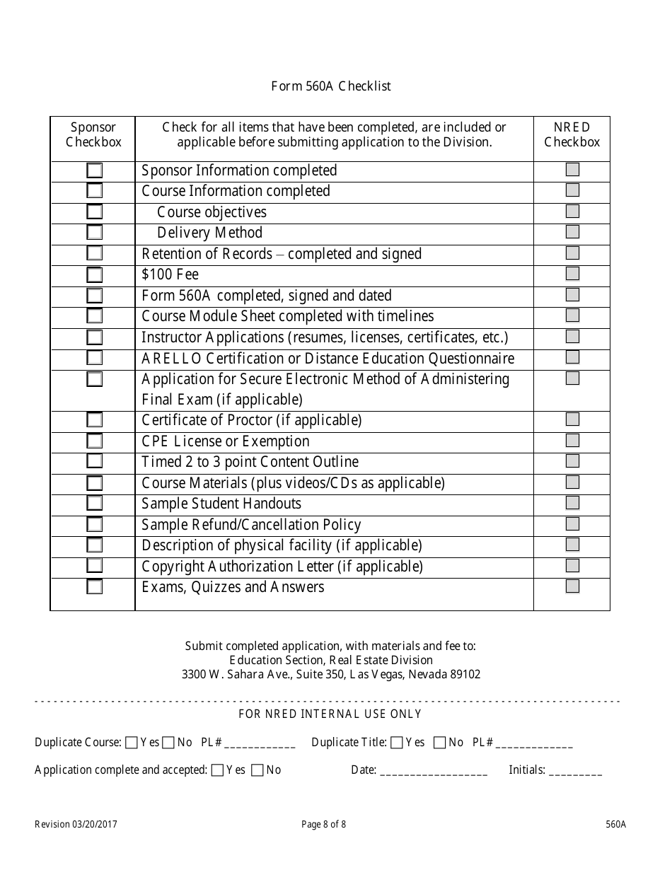 Form 560A Real Estate Broker Management Pre-licensing Education Course Application - Nevada, Page 8