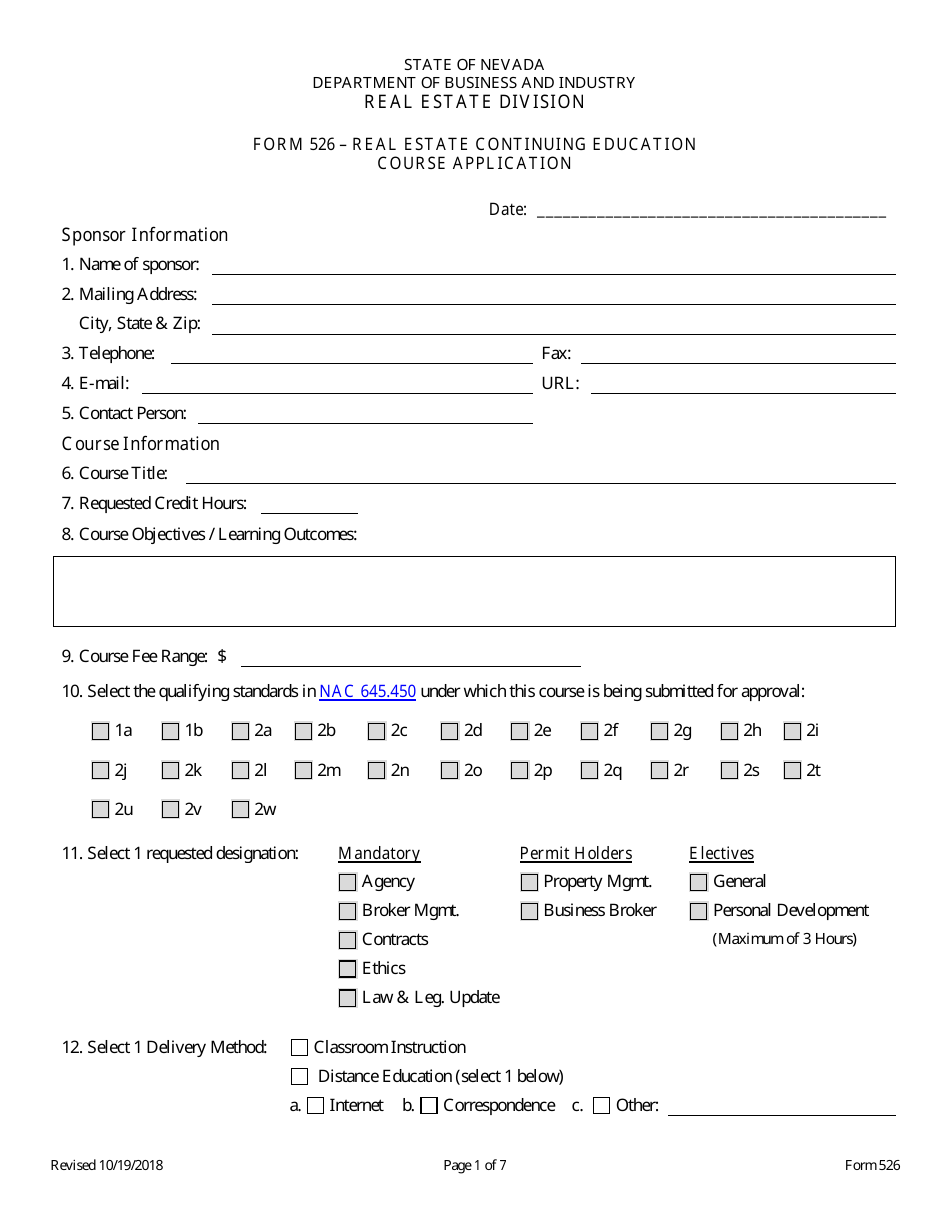 Form 526 Real Estate Continuing Education Course Application - Nevada, Page 1