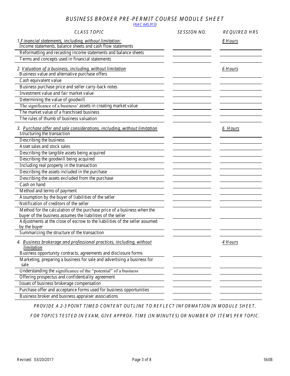 Form 560B Real Estate Business Broker Permit Pre-licensing Application for Classroom Offerings and Distance Education - Nevada, Page 3
