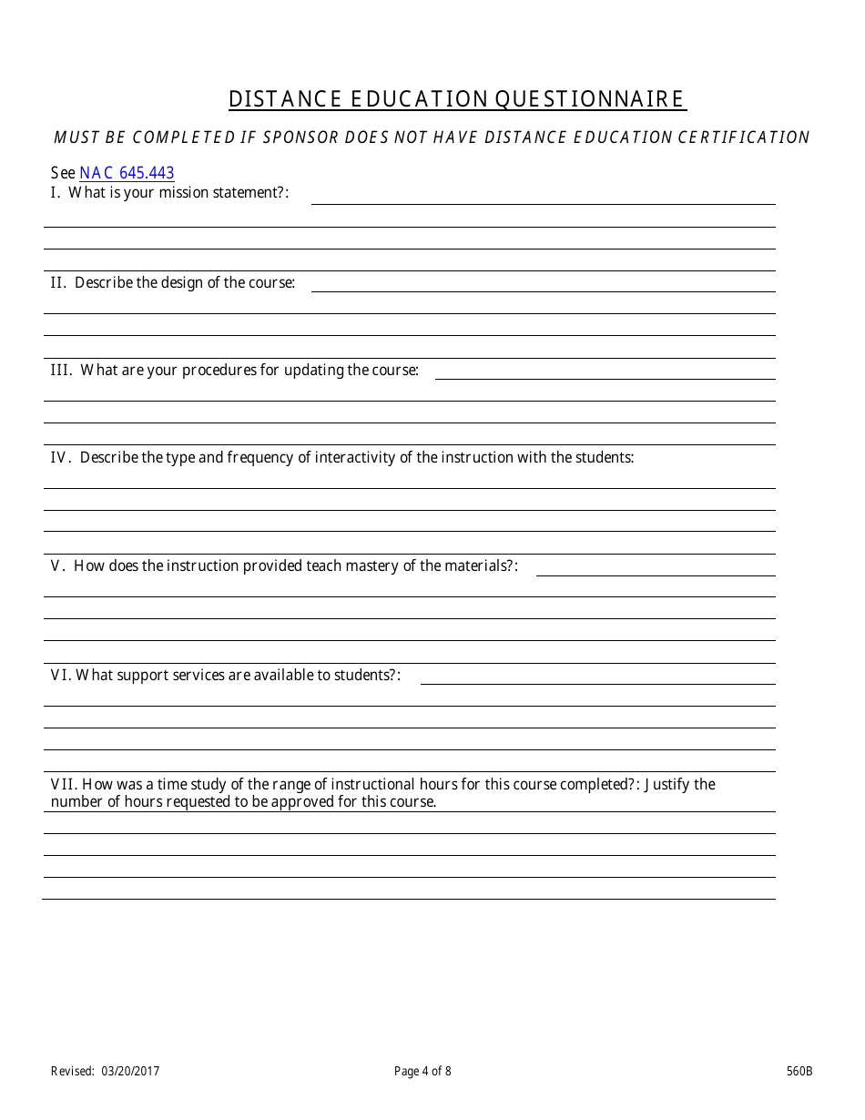 Form 560B Real Estate Business Broker Permit Pre-licensing Application for Classroom Offerings and Distance Education - Nevada, Page 4