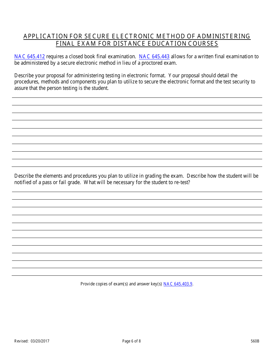 Form 560B Real Estate Business Broker Permit Pre-licensing Application for Classroom Offerings and Distance Education - Nevada, Page 6