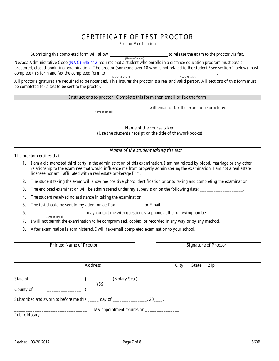 Form 560B Real Estate Business Broker Permit Pre-licensing Application for Classroom Offerings and Distance Education - Nevada, Page 7