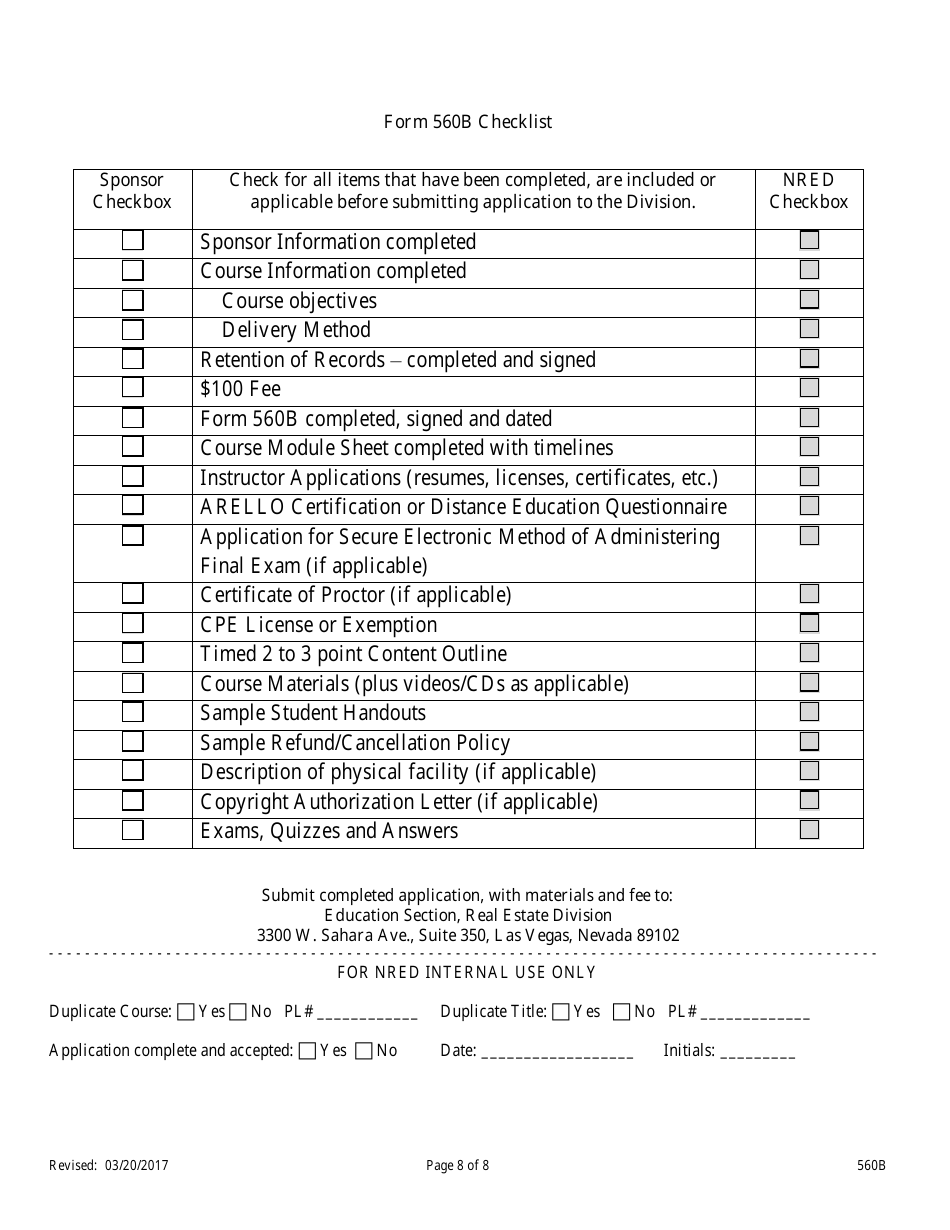 Form 560B Real Estate Business Broker Permit Pre-licensing Application for Classroom Offerings and Distance Education - Nevada, Page 8