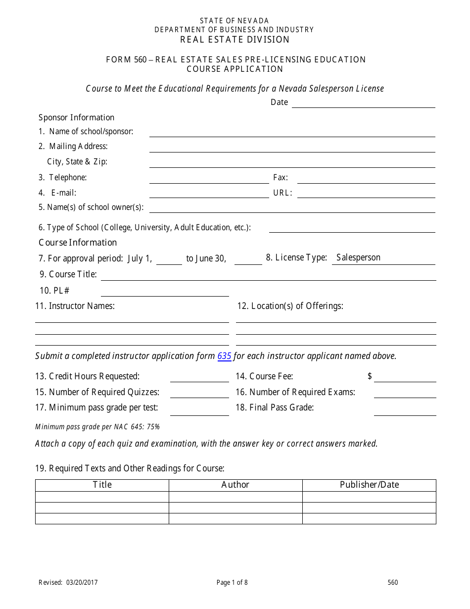 Form 560 Real Estate Sales Pre-licensing Application for Classroom Offerings and Distance Education - Nevada, Page 1