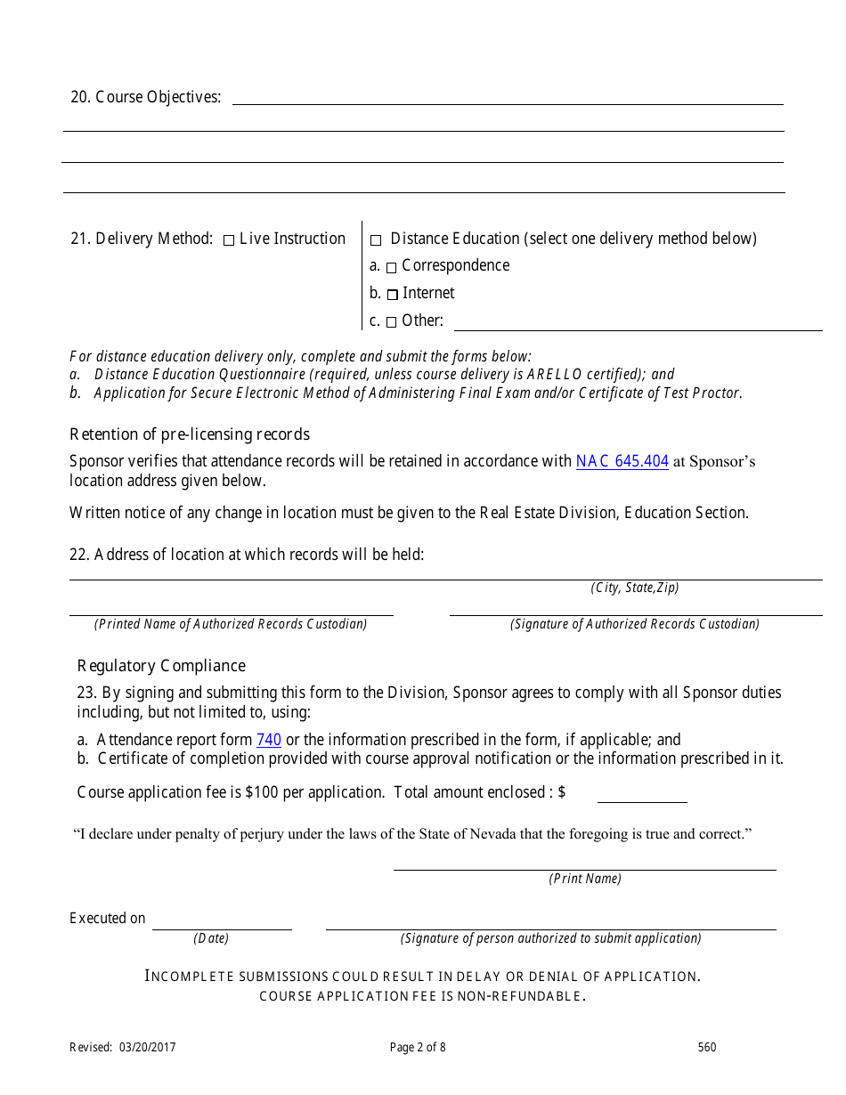 Form 560 Real Estate Sales Pre-licensing Application for Classroom Offerings and Distance Education - Nevada, Page 2