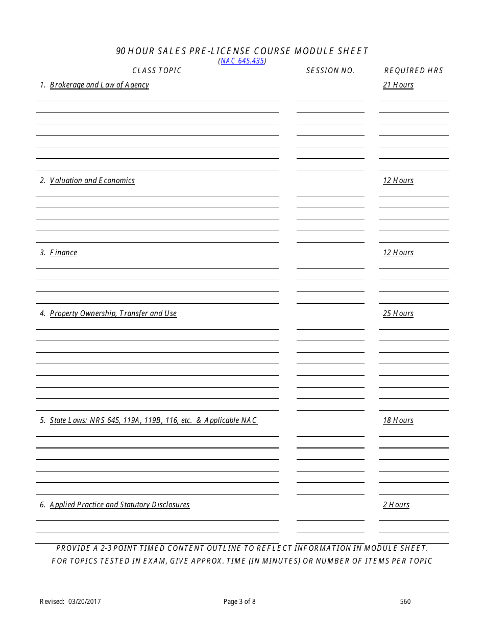 Form 560 Real Estate Sales Pre-licensing Application for Classroom Offerings and Distance Education - Nevada, Page 3
