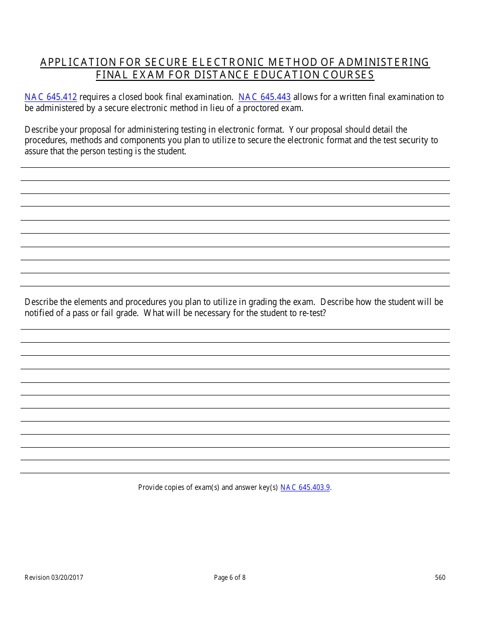 Form 560 Real Estate Sales Pre-licensing Application for Classroom Offerings and Distance Education - Nevada, Page 6