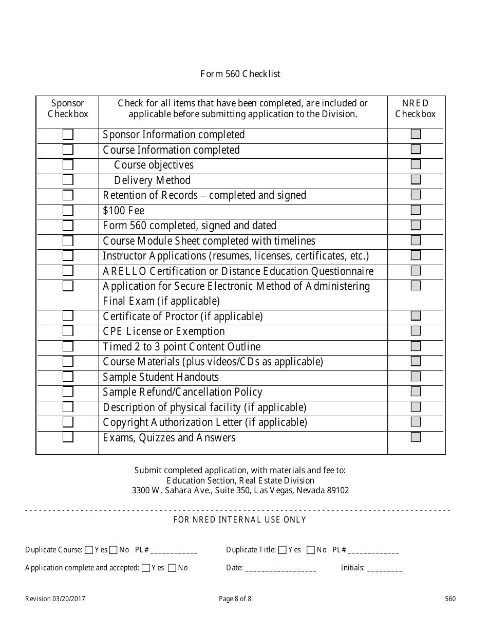 Form 560 Real Estate Sales Pre-licensing Application for Classroom Offerings and Distance Education - Nevada, Page 8