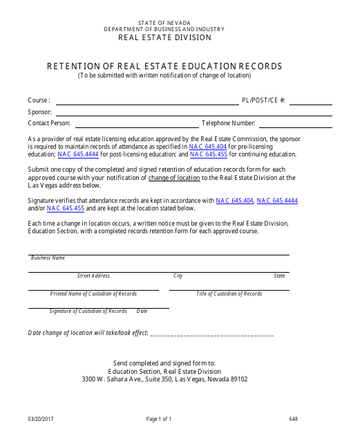 Form 648 Retention of Real Estate Education Records - Nevada