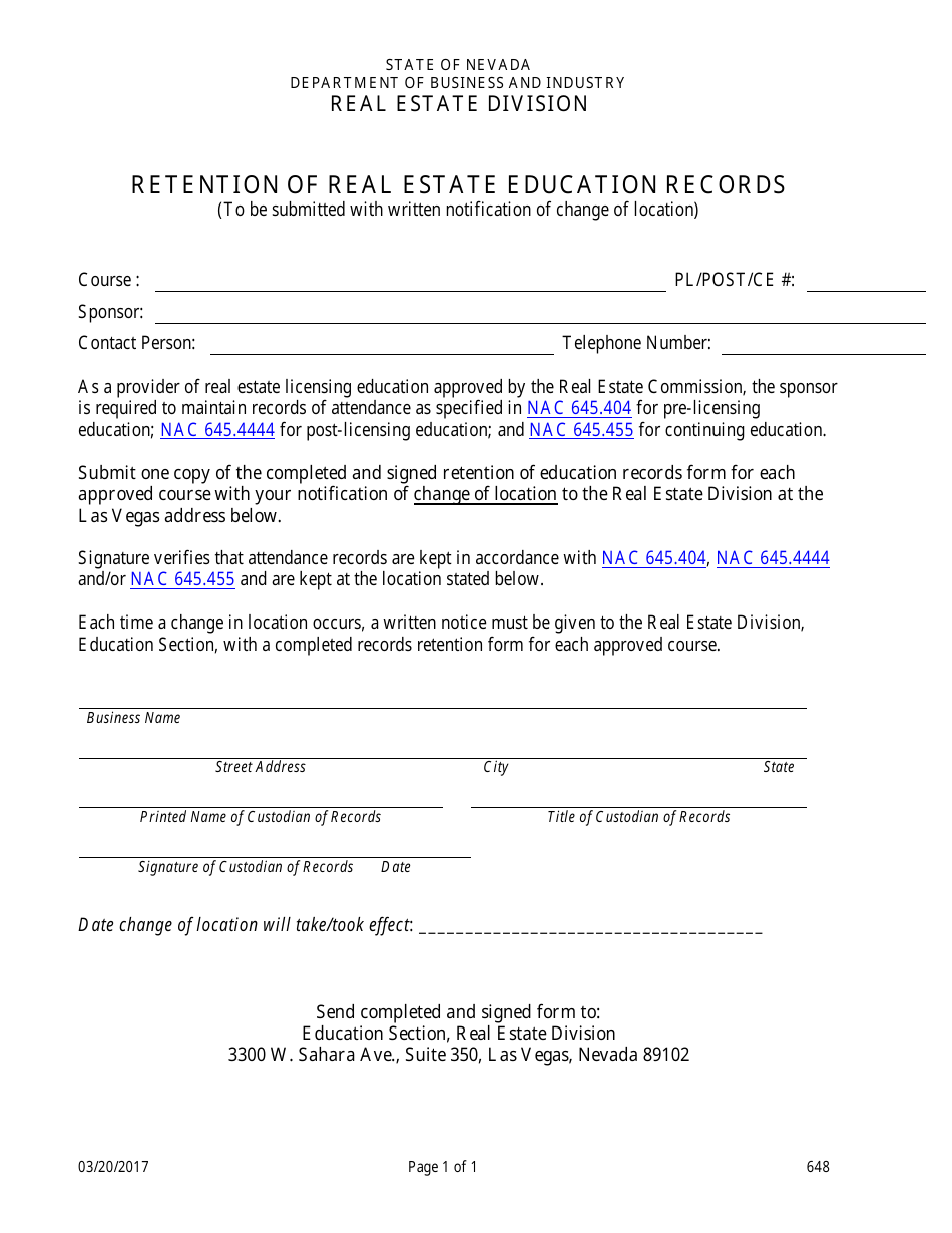 Form 648 Retention of Real Estate Education Records - Nevada, Page 1