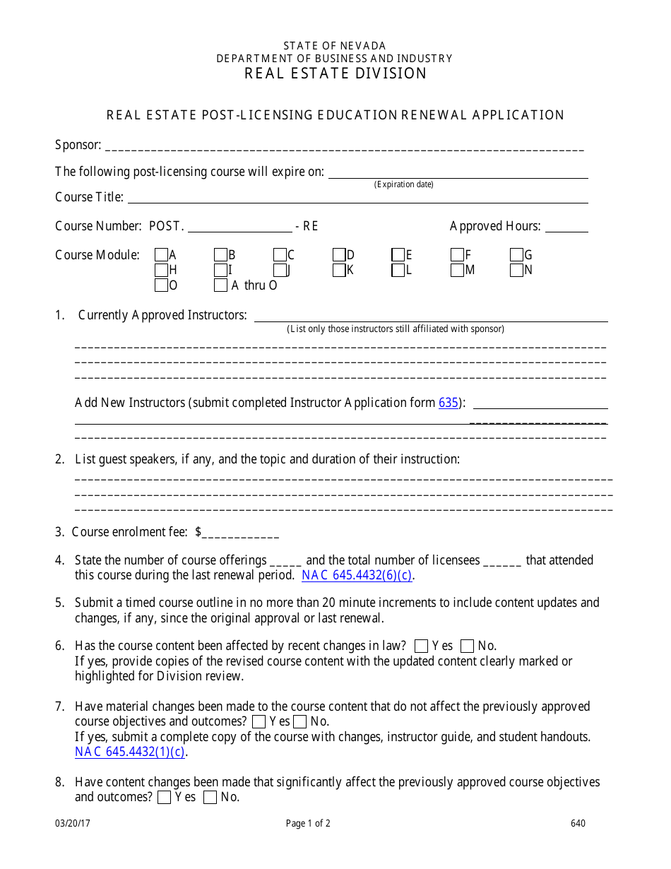 Form 640 Real Estate Post-licensing Education Renewal Application - Nevada, Page 1