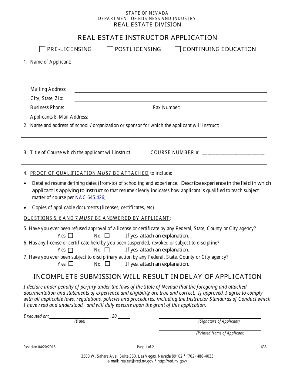 Form 635 Real Estate Instructor Application - Nevada, Page 1