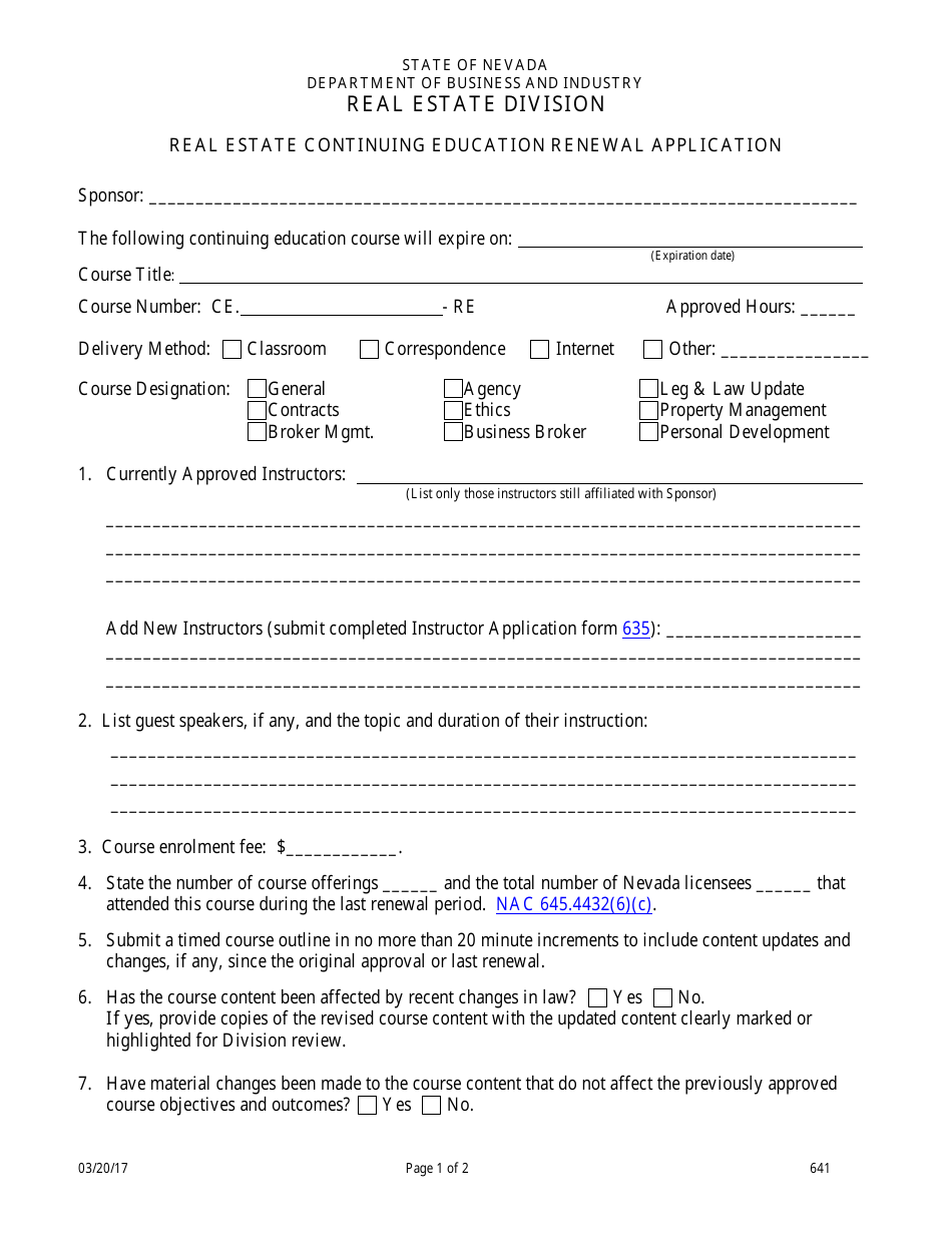 Form 641 Real Estate Continuing Education Renewal Application - Nevada, Page 1