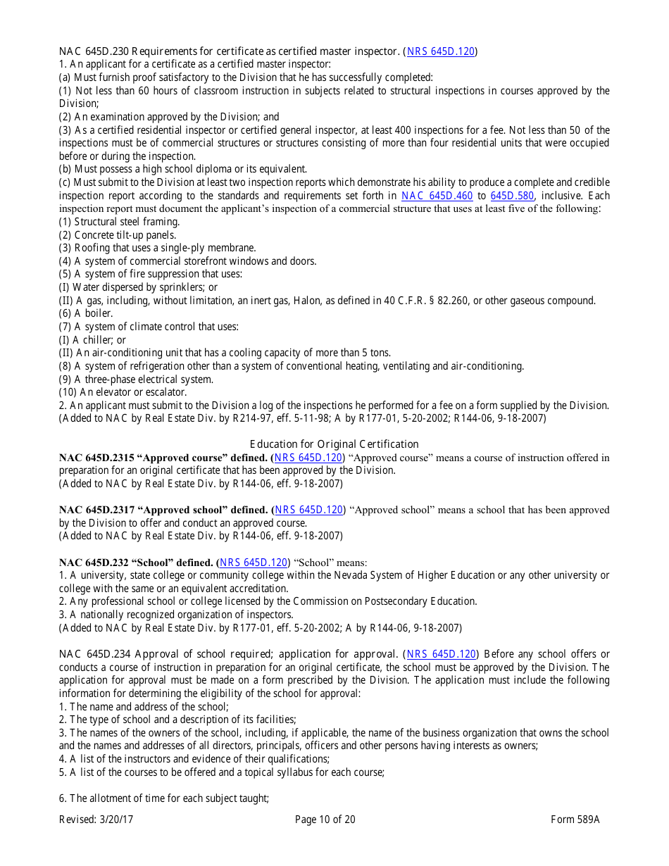 Form 589A Inspectors of Structures Pre-certification Education New Course Application - Nevada, Page 10