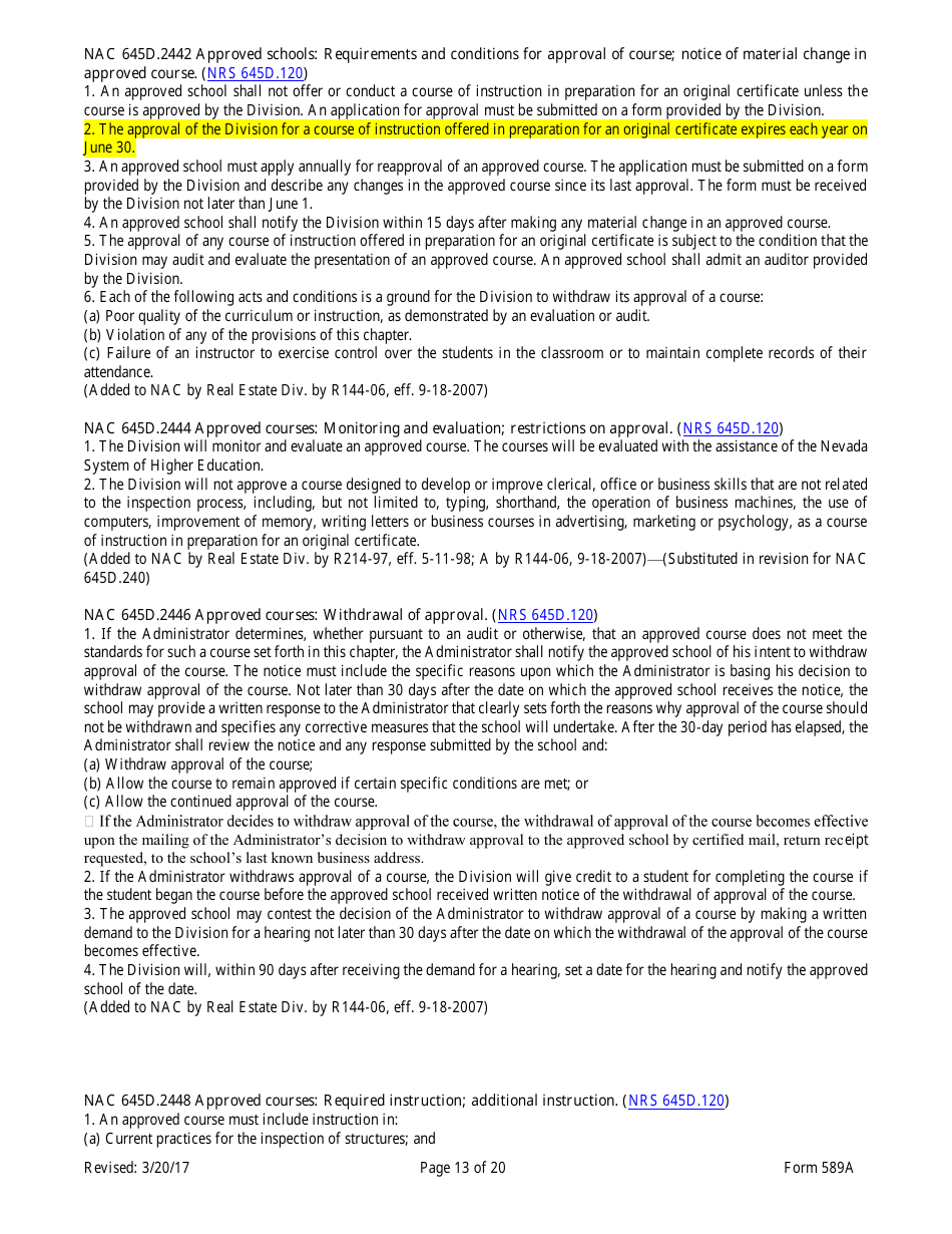 Form 589A Inspectors of Structures Pre-certification Education New Course Application - Nevada, Page 13