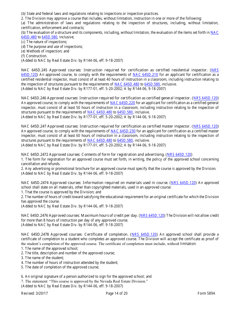 Form 589A Inspectors of Structures Pre-certification Education New Course Application - Nevada, Page 14