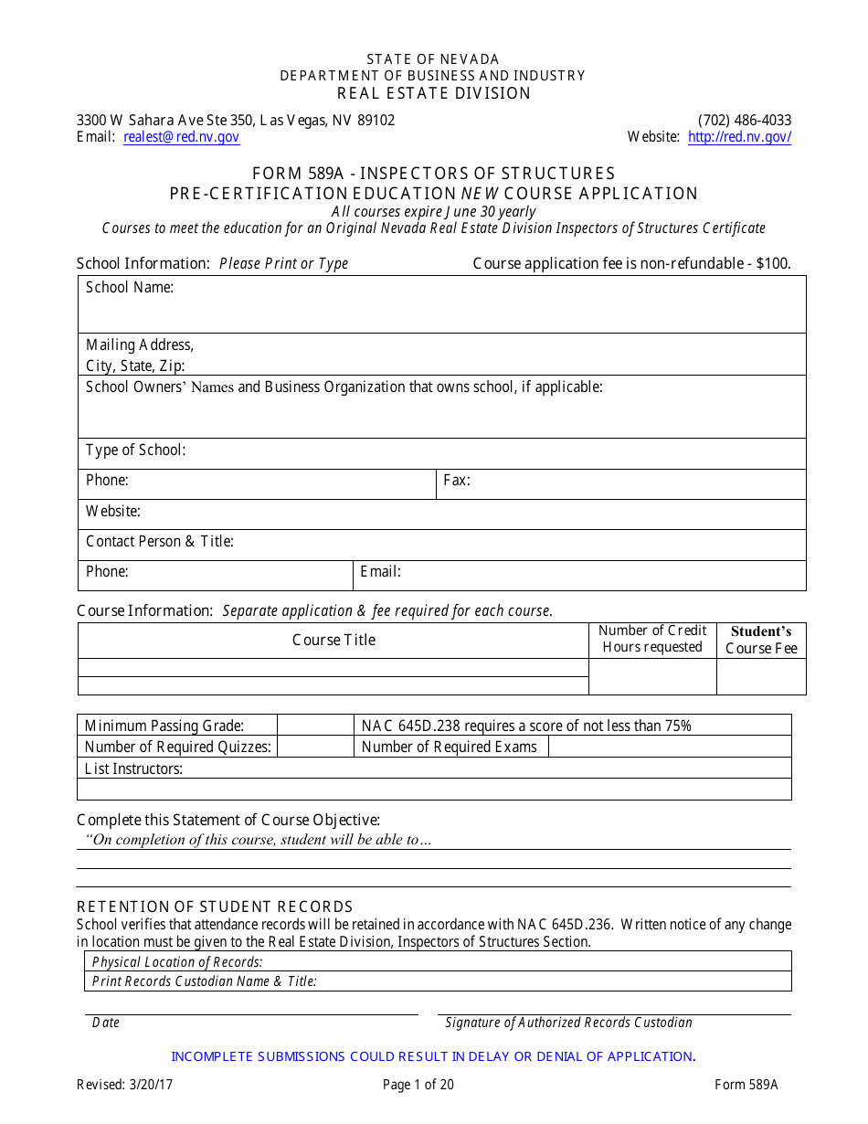 Form 589A Inspectors of Structures Pre-certification Education New Course Application - Nevada, Page 1