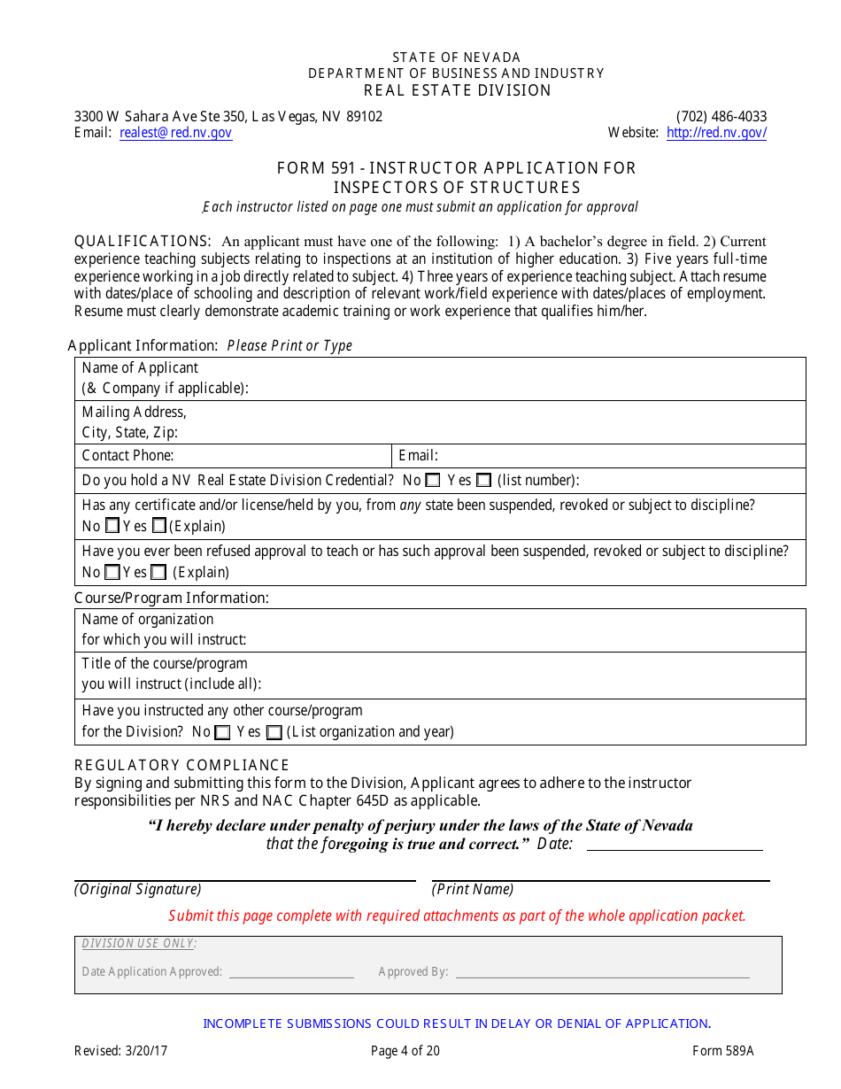 Form 589A Inspectors of Structures Pre-certification Education New Course Application - Nevada, Page 4