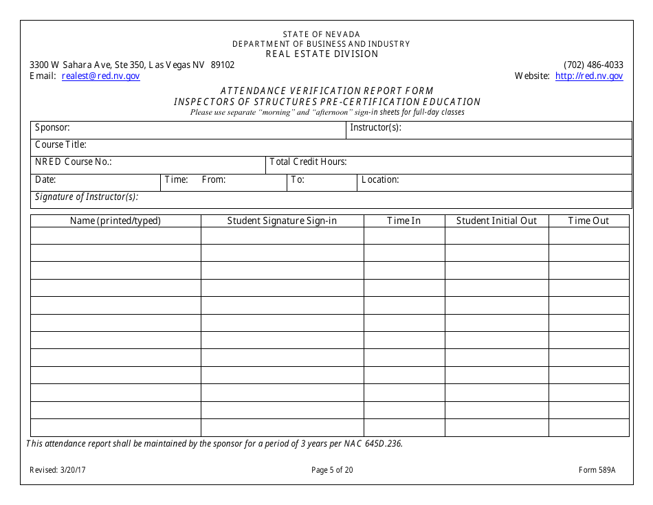 Form 589A Inspectors of Structures Pre-certification Education New Course Application - Nevada, Page 5