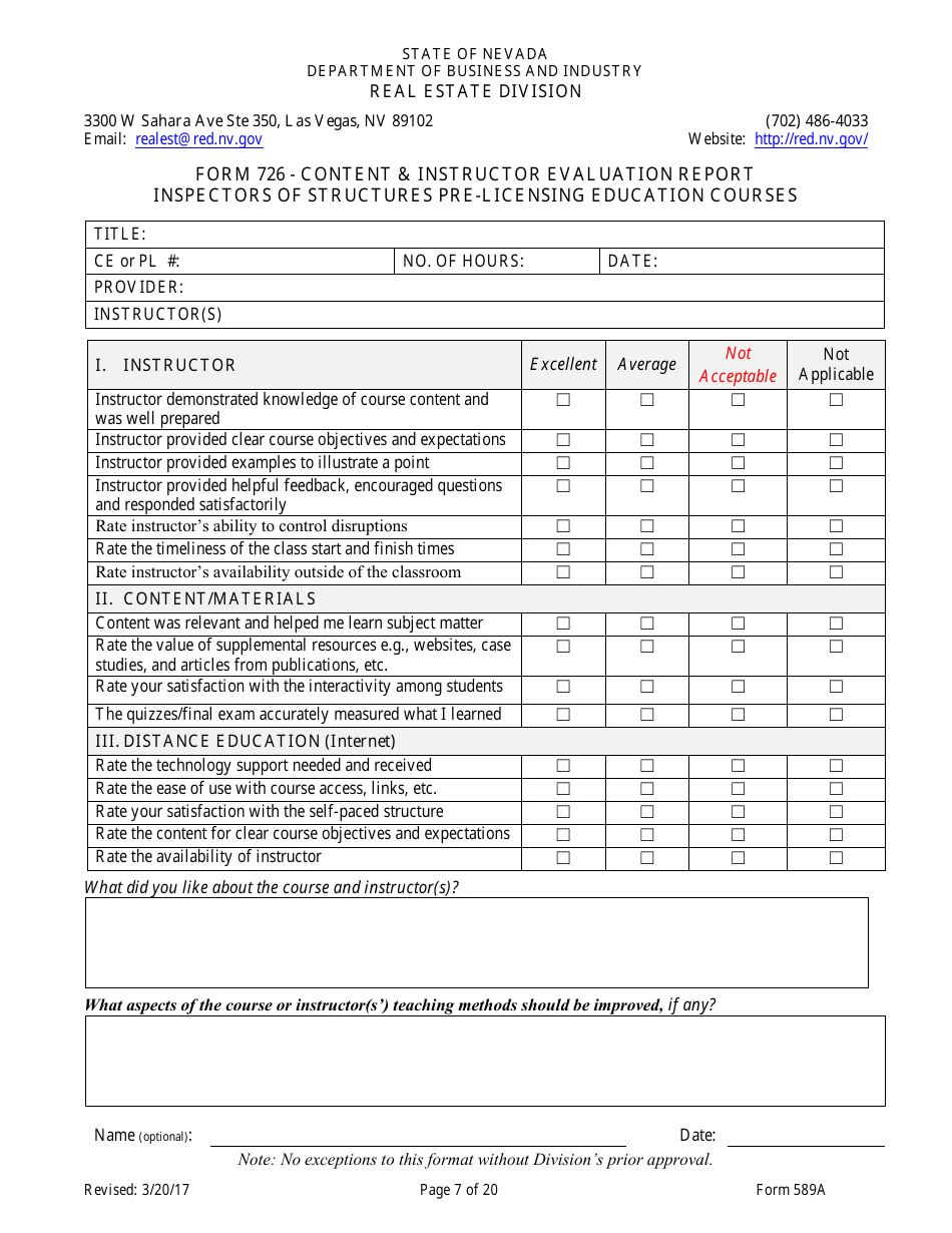 Form 589A Inspectors of Structures Pre-certification Education New Course Application - Nevada, Page 7