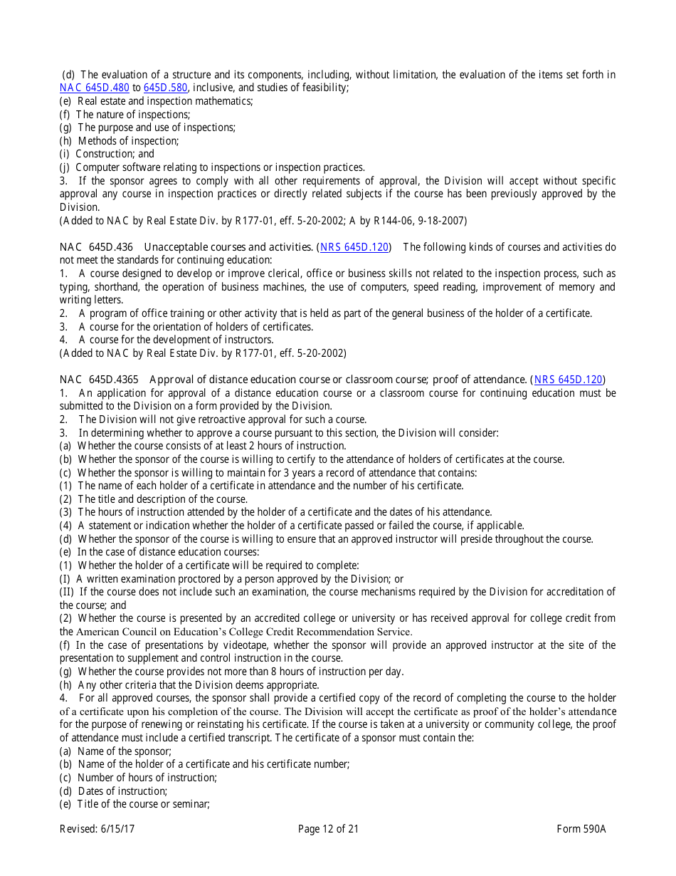 Form 590A Inspectors of Structures Continuing Education New Course Application - Nevada, Page 12