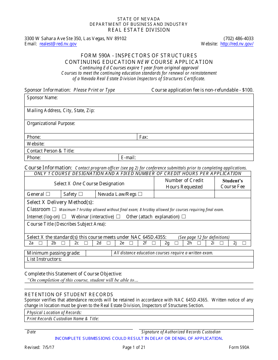 Form 590A Inspectors of Structures Continuing Education New Course Application - Nevada, Page 1