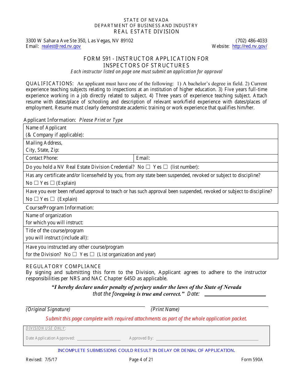 Form 590A Inspectors of Structures Continuing Education New Course Application - Nevada, Page 4