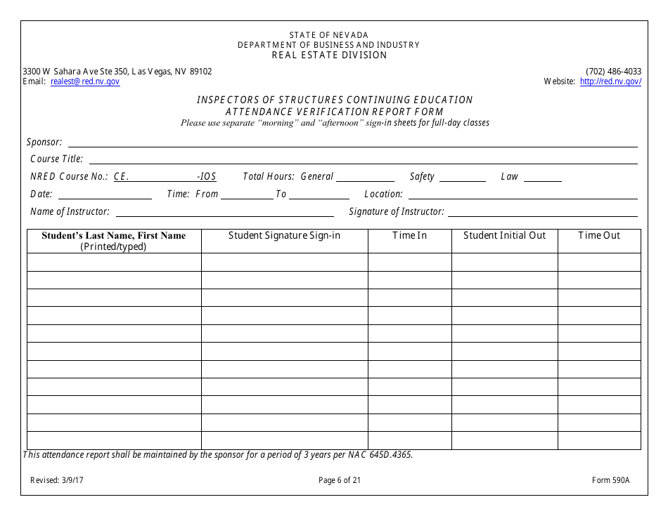 Form 590A Inspectors of Structures Continuing Education New Course Application - Nevada, Page 6