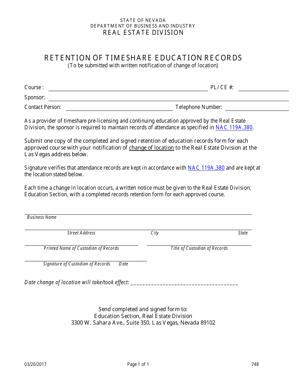 Form 748 Retention of Timeshare Education Records - Nevada, Page 1