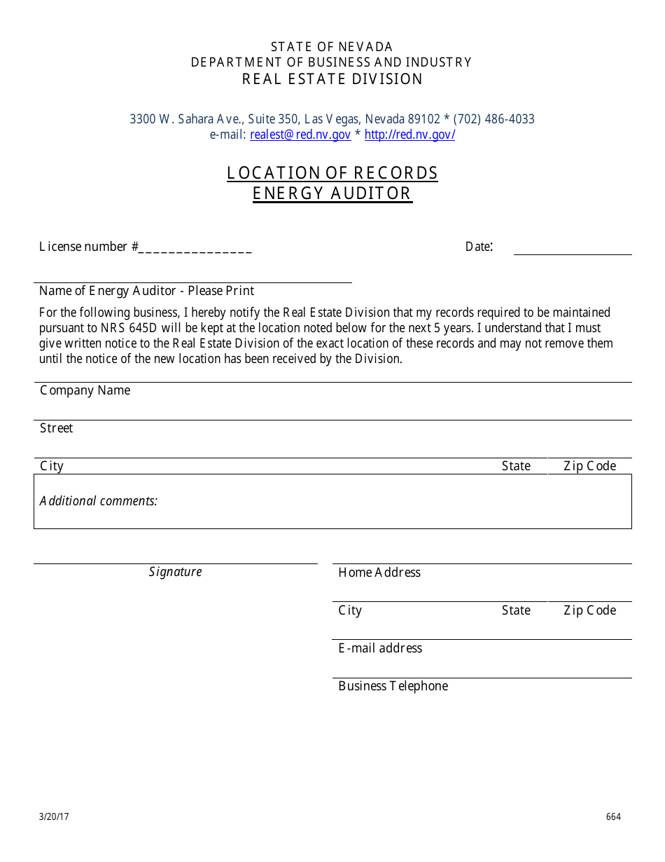 Form 664 Location of Records - Energy Auditor - Nevada, Page 1
