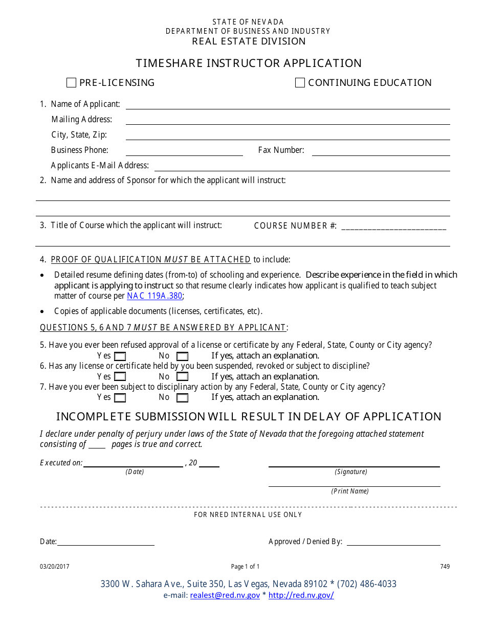 Form 749 Timeshare Instructor Application - Nevada, Page 1
