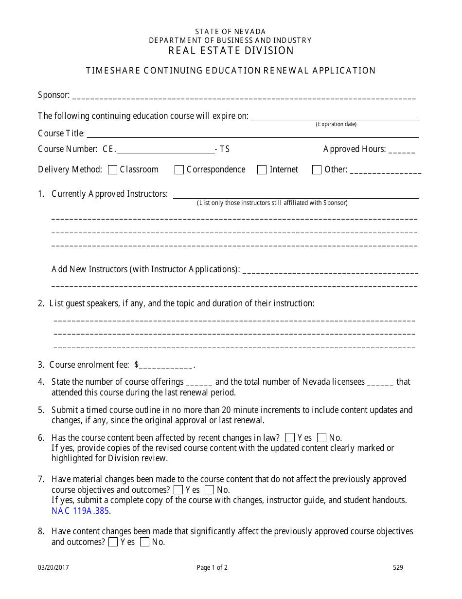 Form 529 Timeshare Continuing Education Renewal Application - Nevada, Page 1