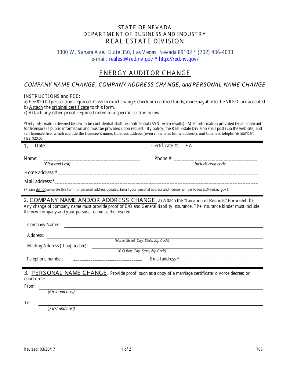 Form 703 Energy Auditor Change - Nevada, Page 1