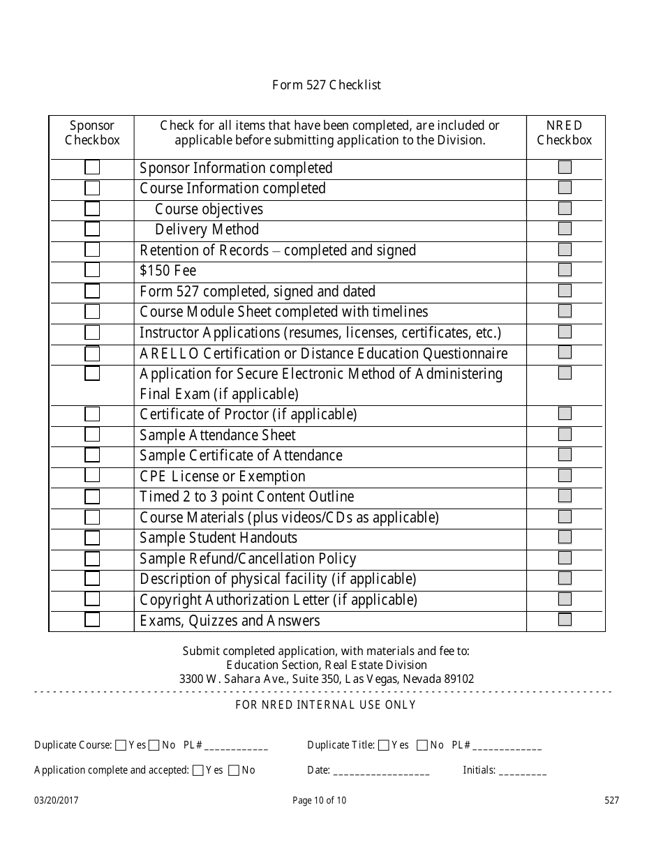 Form 527 Timeshare Pre-licensing Education Course Application - Nevada, Page 10