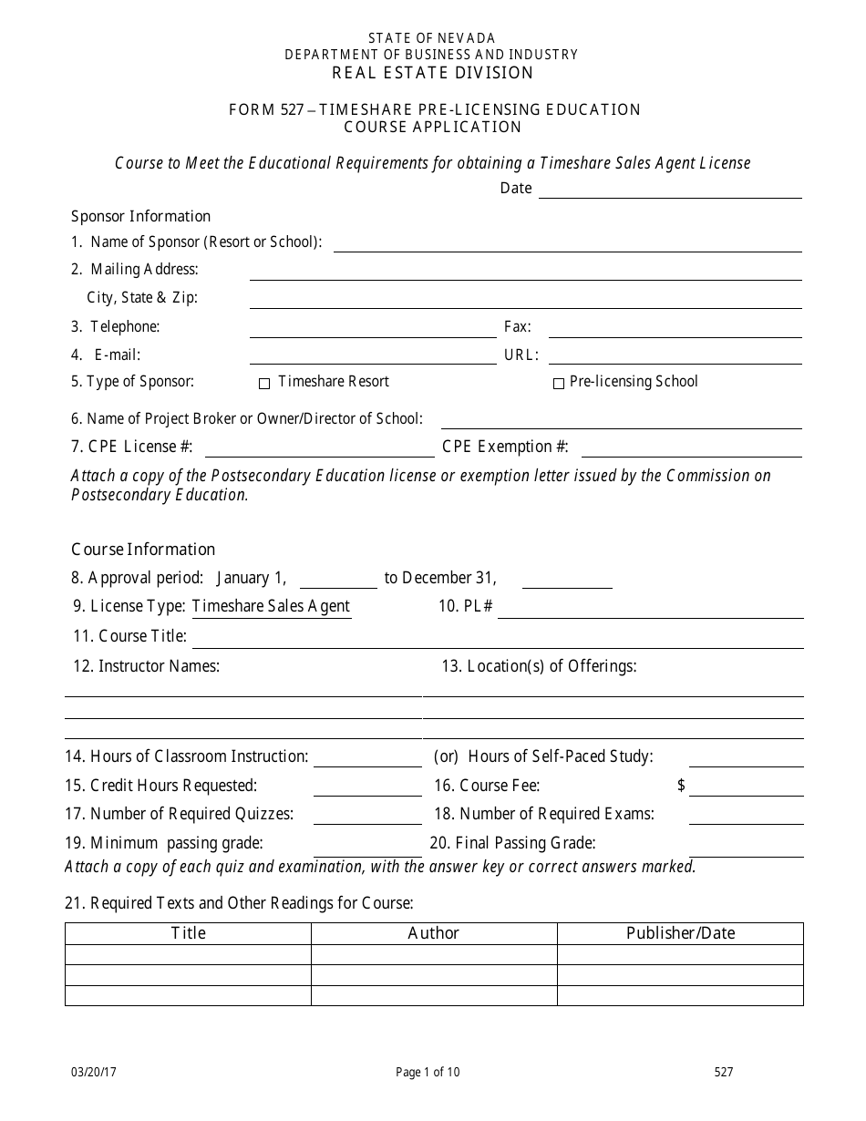 Form 527 Timeshare Pre-licensing Education Course Application - Nevada, Page 1