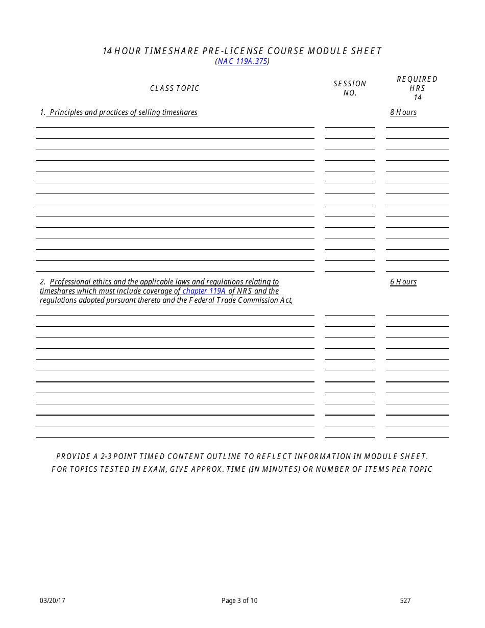 Form 527 Timeshare Pre-licensing Education Course Application - Nevada, Page 3