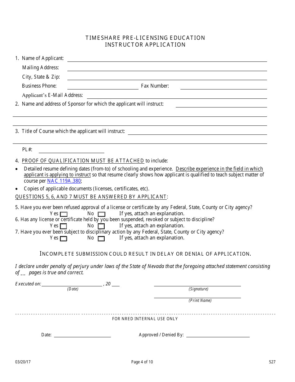 Form 527 Timeshare Pre-licensing Education Course Application - Nevada, Page 4