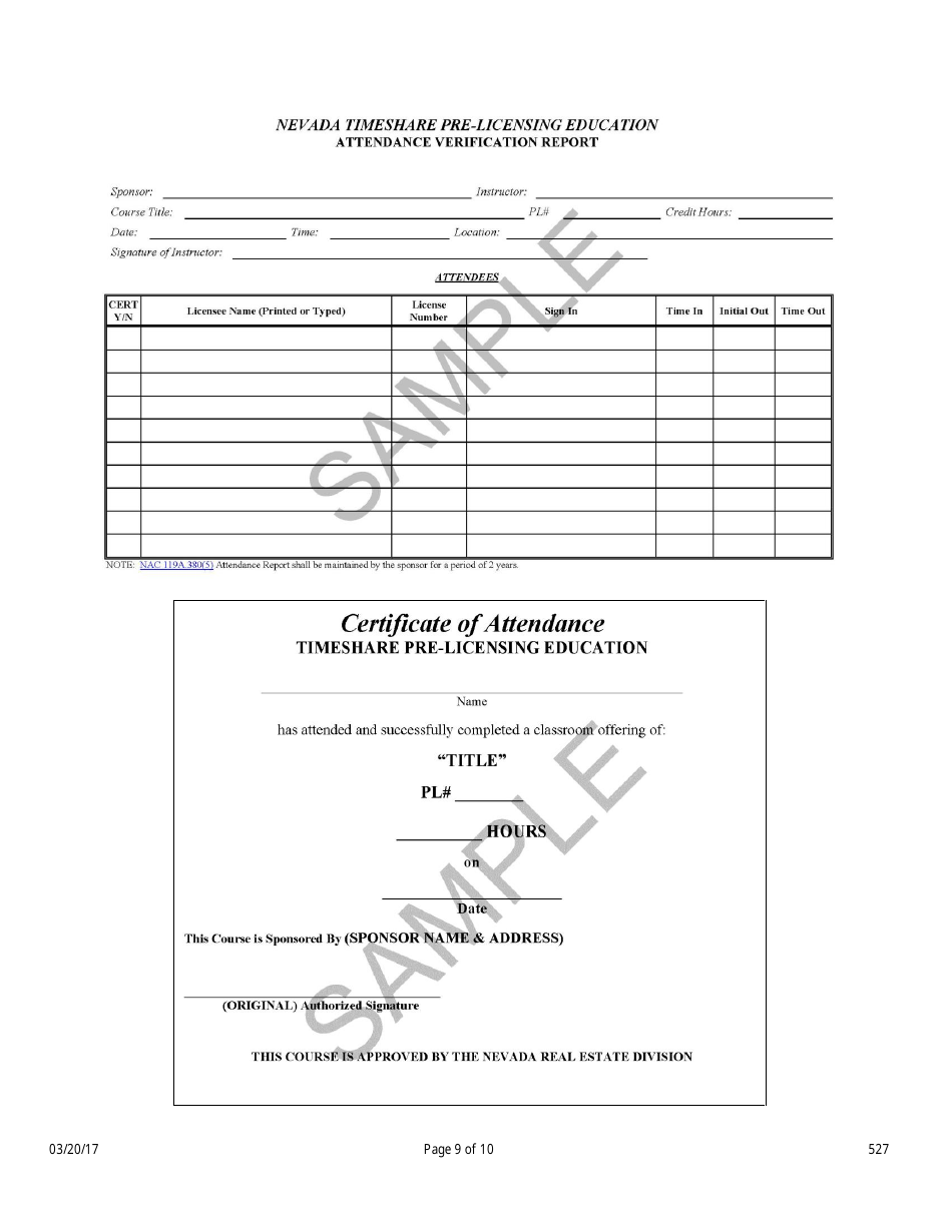 Form 527 Timeshare Pre-licensing Education Course Application - Nevada, Page 9