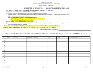 Document preview: Form 594 Inspector of Structures Inspection Observation Log - Nevada