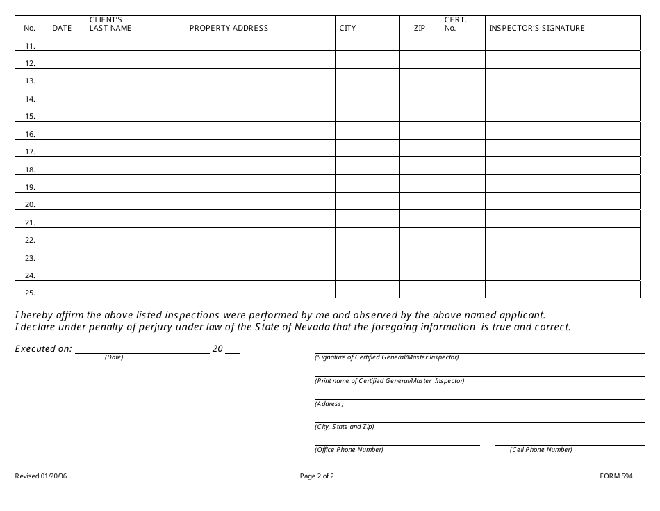 Form 594 Inspector of Structures Inspection Observation Log - Nevada, Page 2