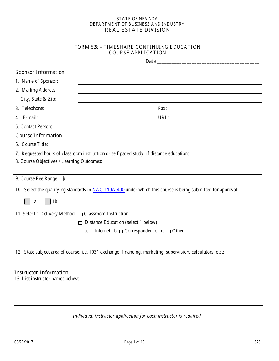 Form 528 Timeshare Continuing Education Course Application - Nevada, Page 1