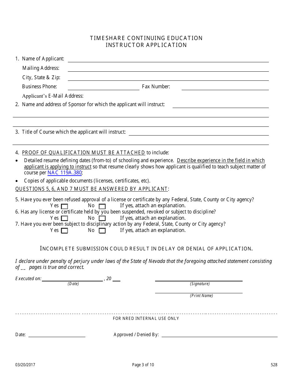Form 528 Timeshare Continuing Education Course Application - Nevada, Page 3