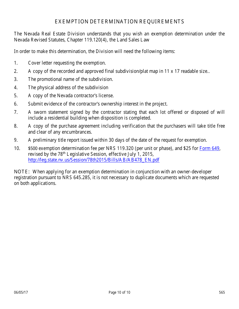Form 565 Owner-Developer Application - Nevada, Page 10
