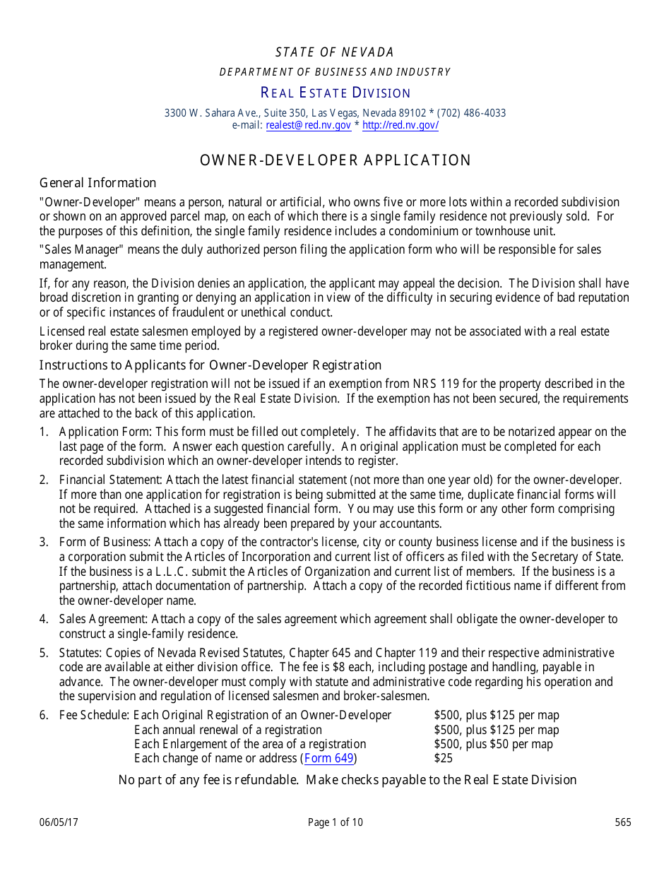 Form 565 Owner-Developer Application - Nevada, Page 1