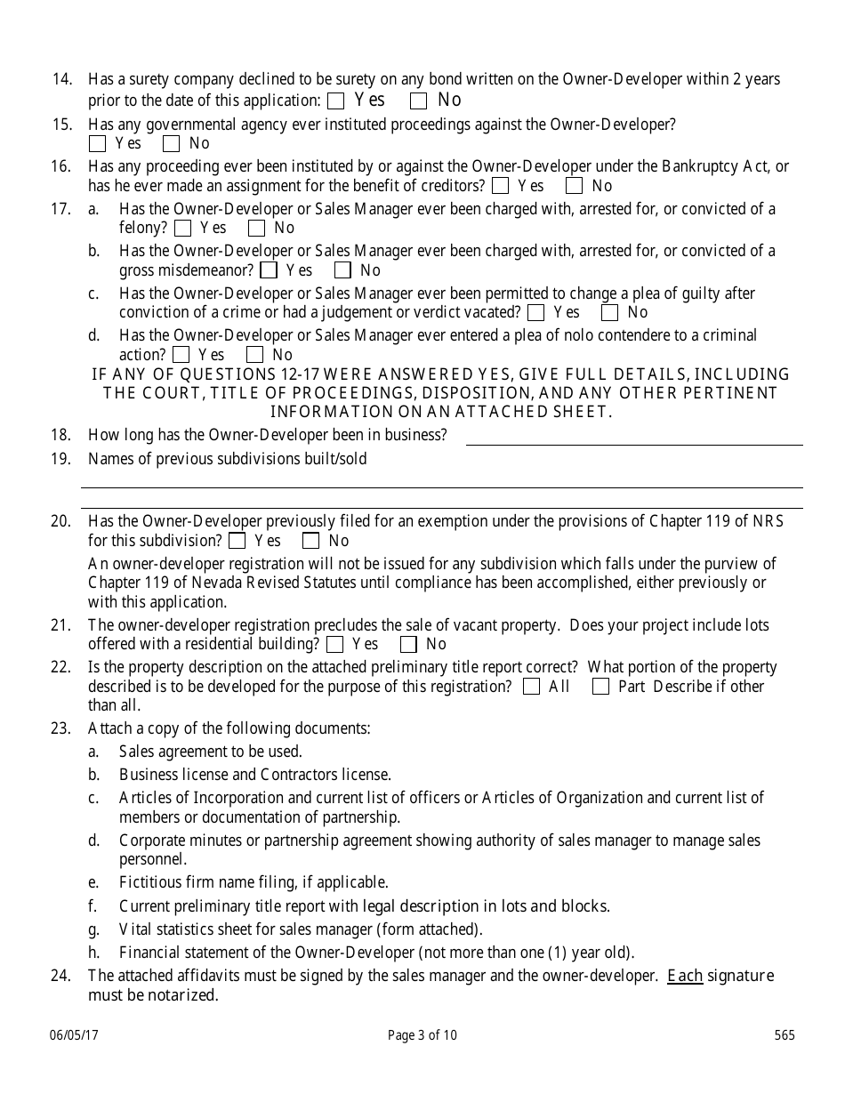 Form 565 Owner-Developer Application - Nevada, Page 3