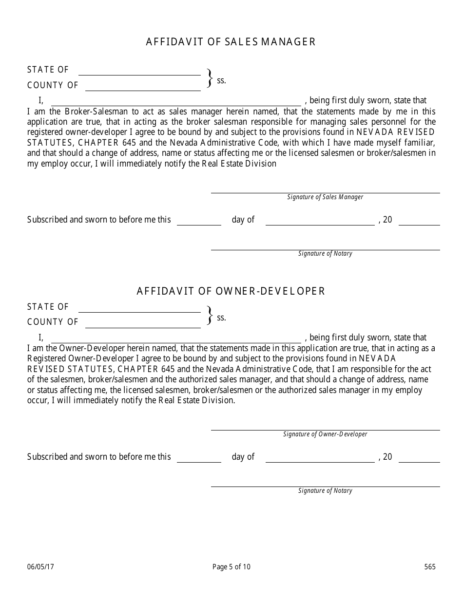Form 565 Owner-Developer Application - Nevada, Page 5