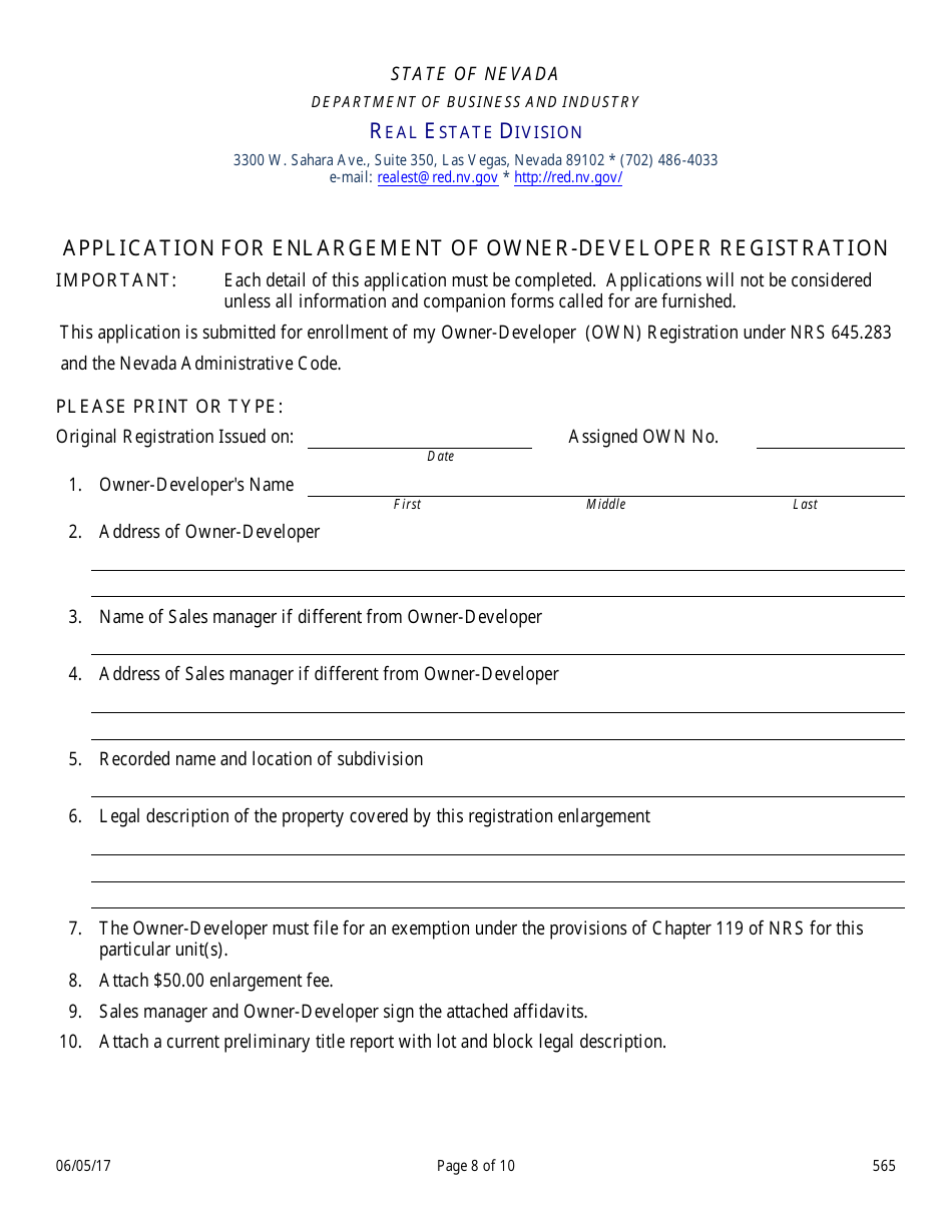 Form 565 Owner-Developer Application - Nevada, Page 8